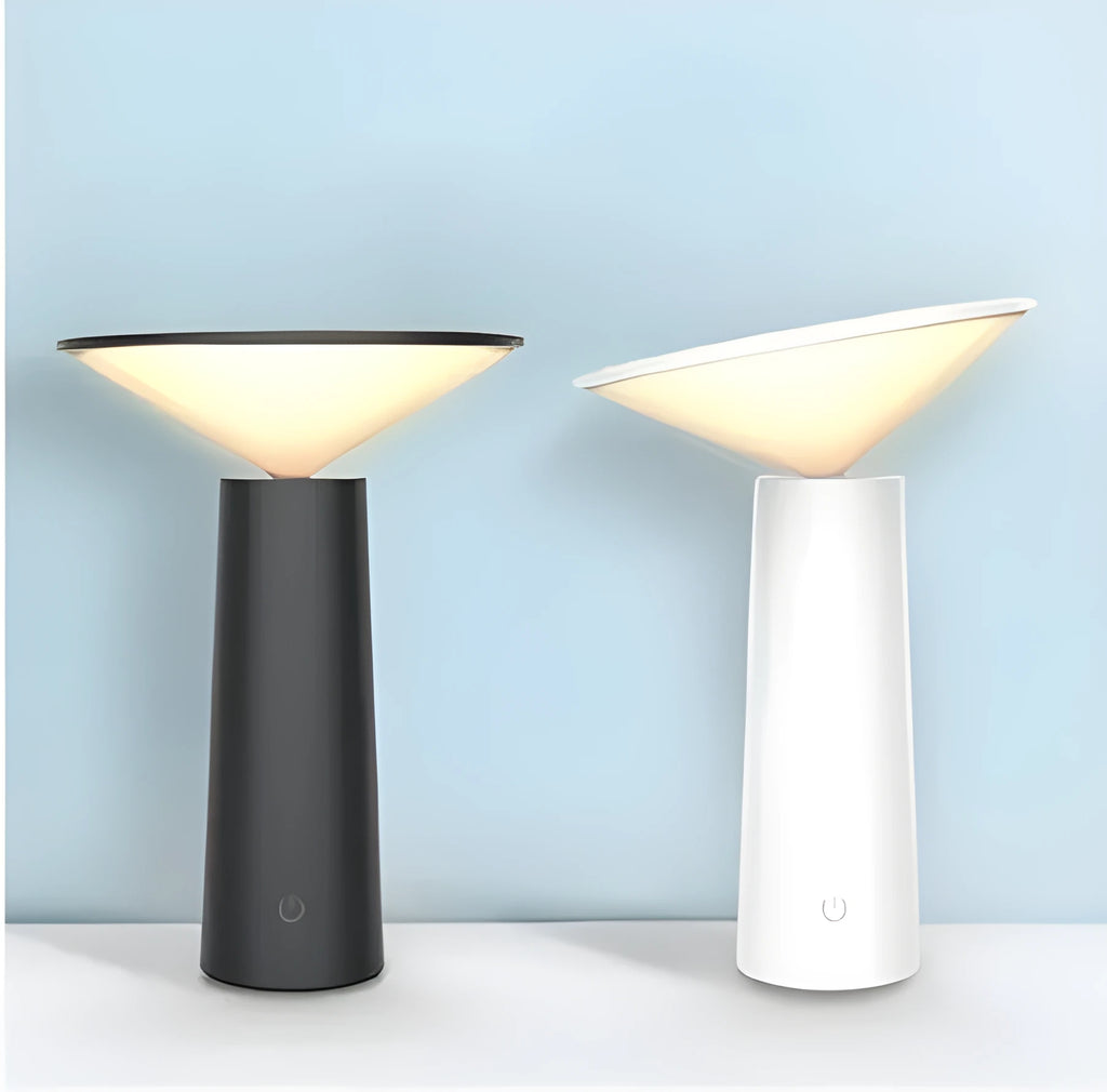 Black USB rechargeable LED table lamp with touch sensor and adjustable flip head on wooden desk
