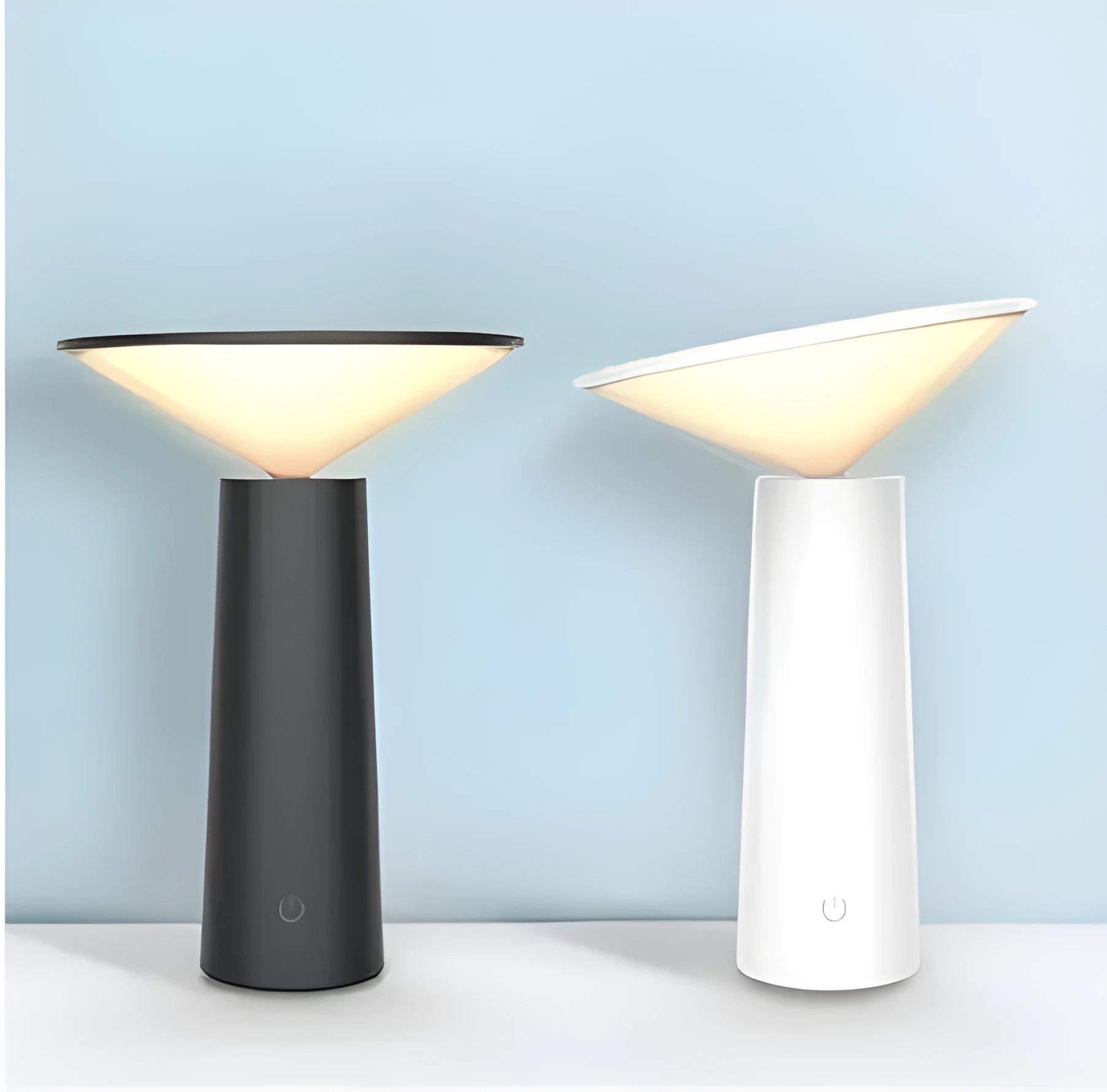 Black USB rechargeable LED table lamp with touch sensor and adjustable flip head on wooden desk