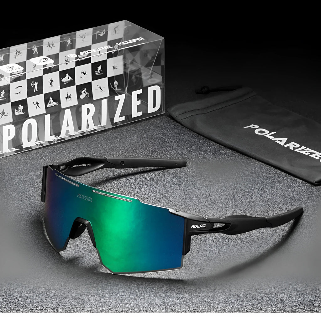 Polarised sports sunglasses with a frameless, ultralight TR90 frame for cycling.