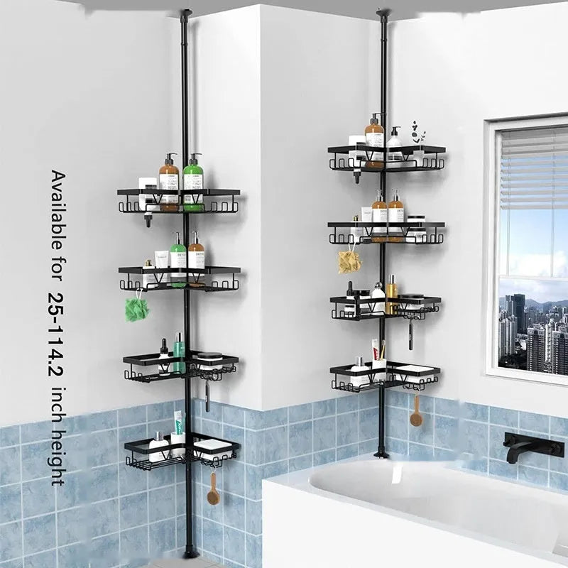 Hole-free retractable bathroom storage rack with 4 stainless steel shelves and iron frame
