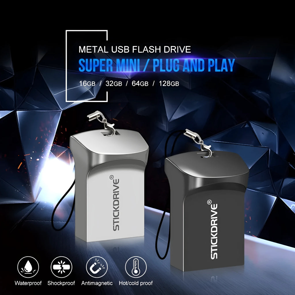 Metal USB flash drive on a lanyard, shown in black and silver colour options.