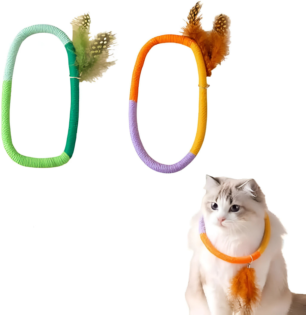 Green cotton rope circular cat toy with feathers and catnip for dental chewing play