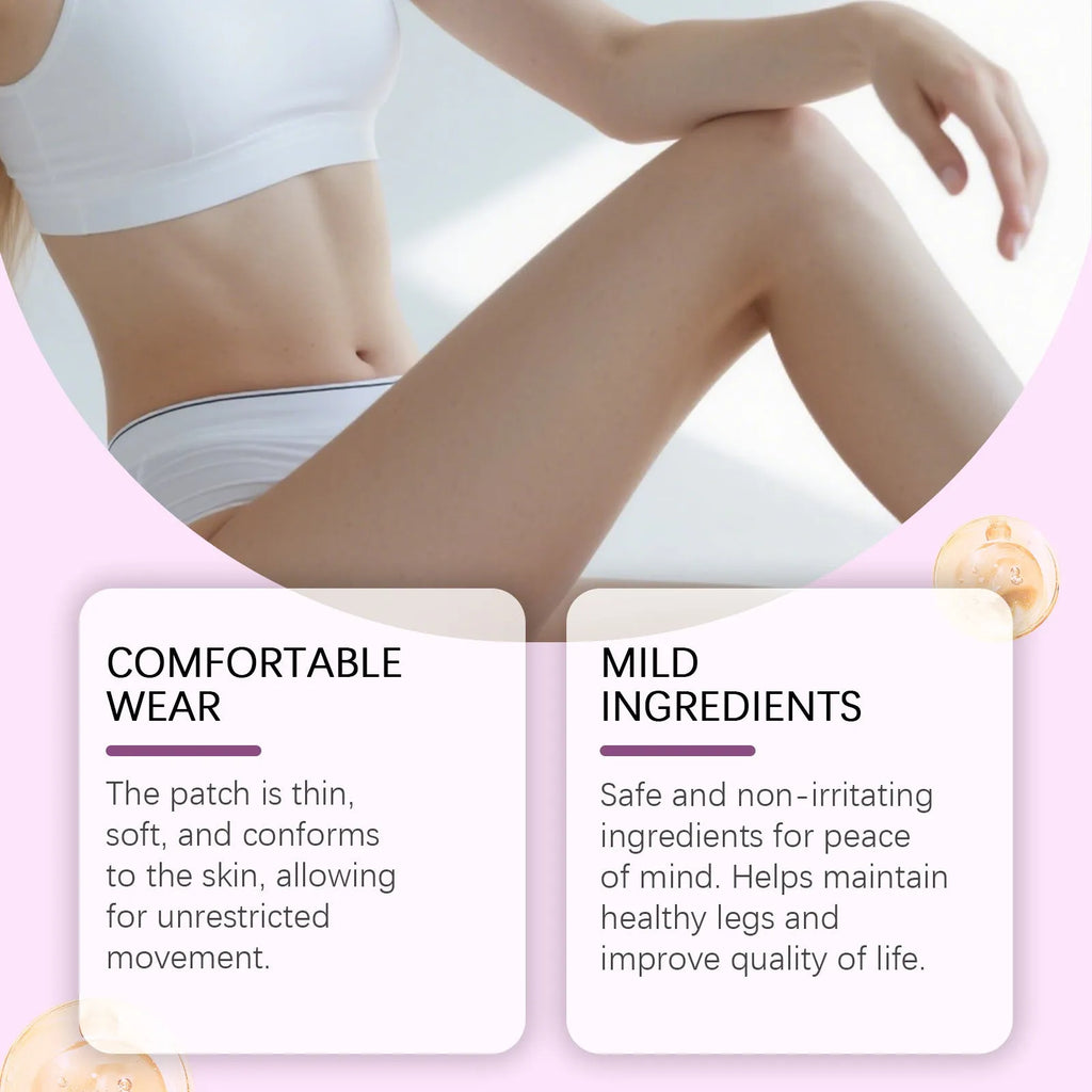 Pack of twelve leg care massage patches with plant ingredients and a nursing patch.