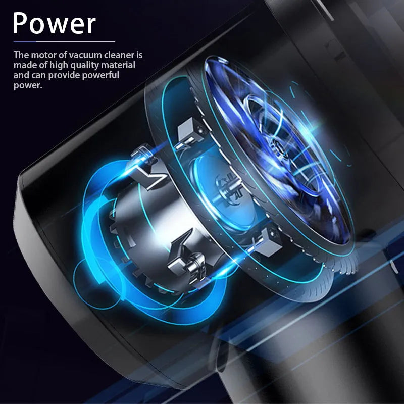 Black and white wireless car vacuum cleaner with nozzle and washable filter cup on a car seat
