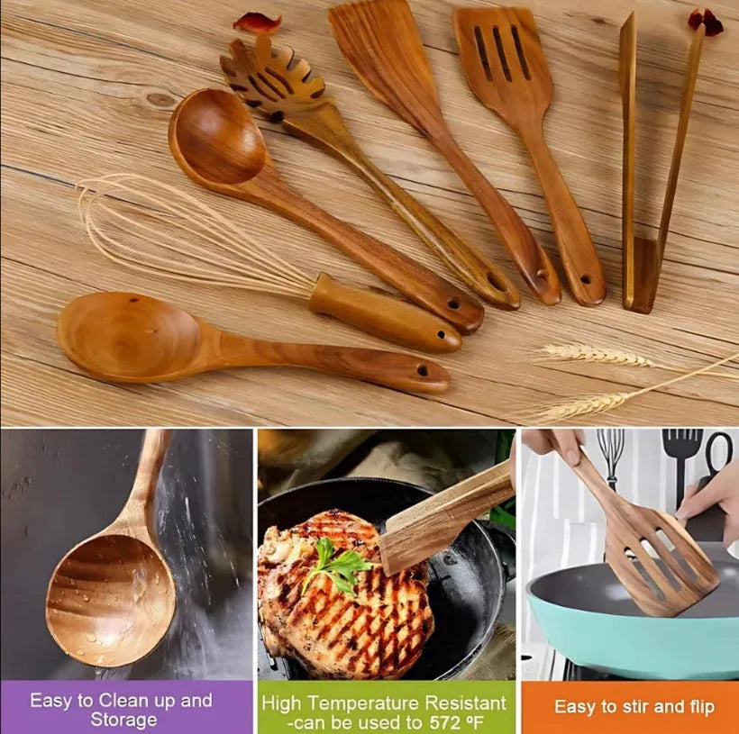 Seven-piece wooden cooking utensil set with spoon and shovel items for non-stick pans