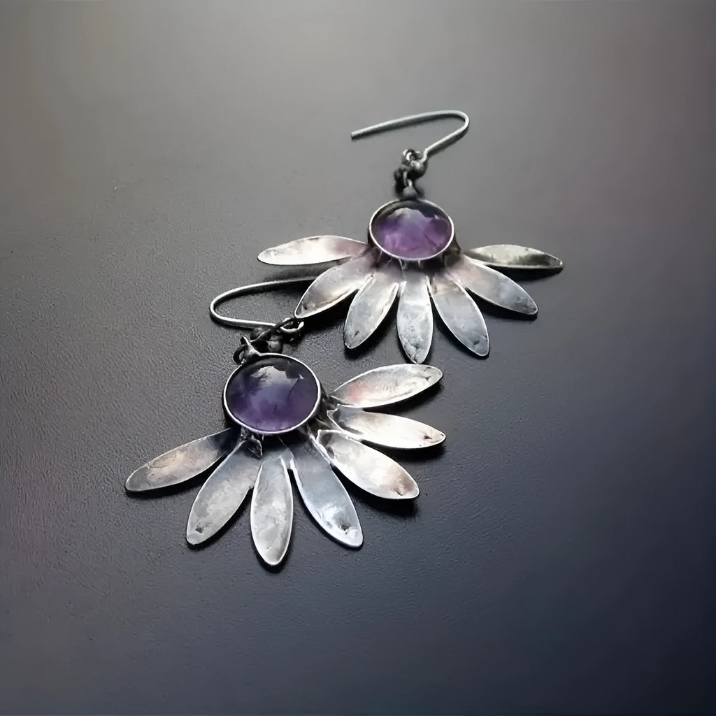 Purple Bohemian style earrings with animal zodiac design and plant flower elements