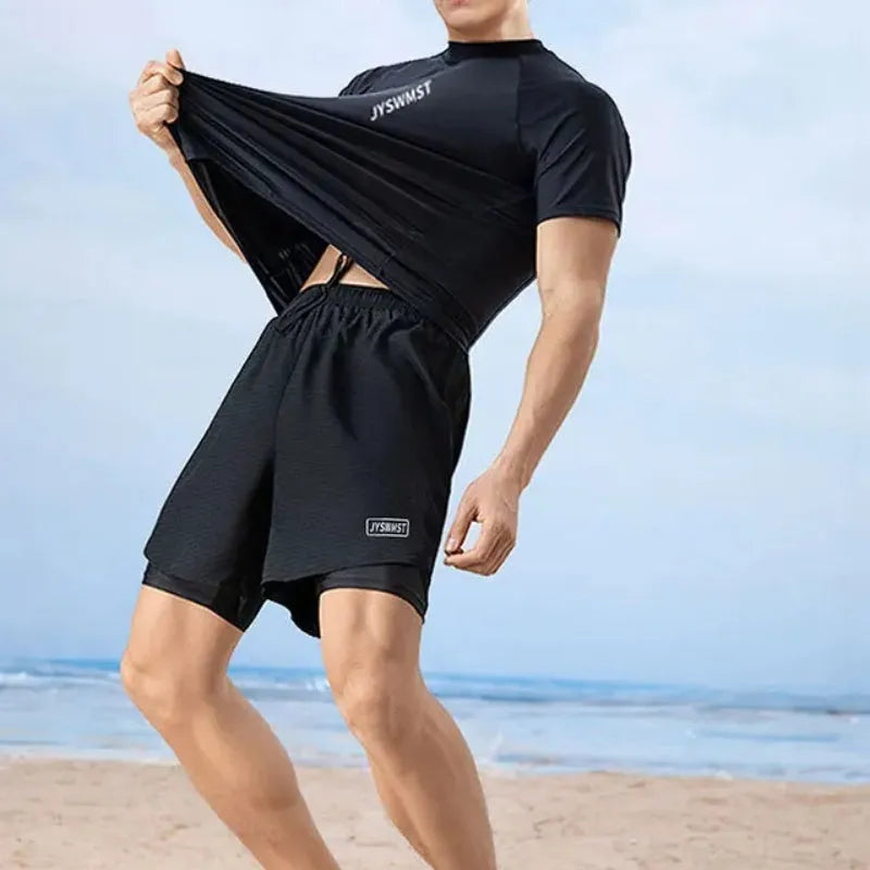 Men's patterned swimming trunks set with top and pants in polyester fabric