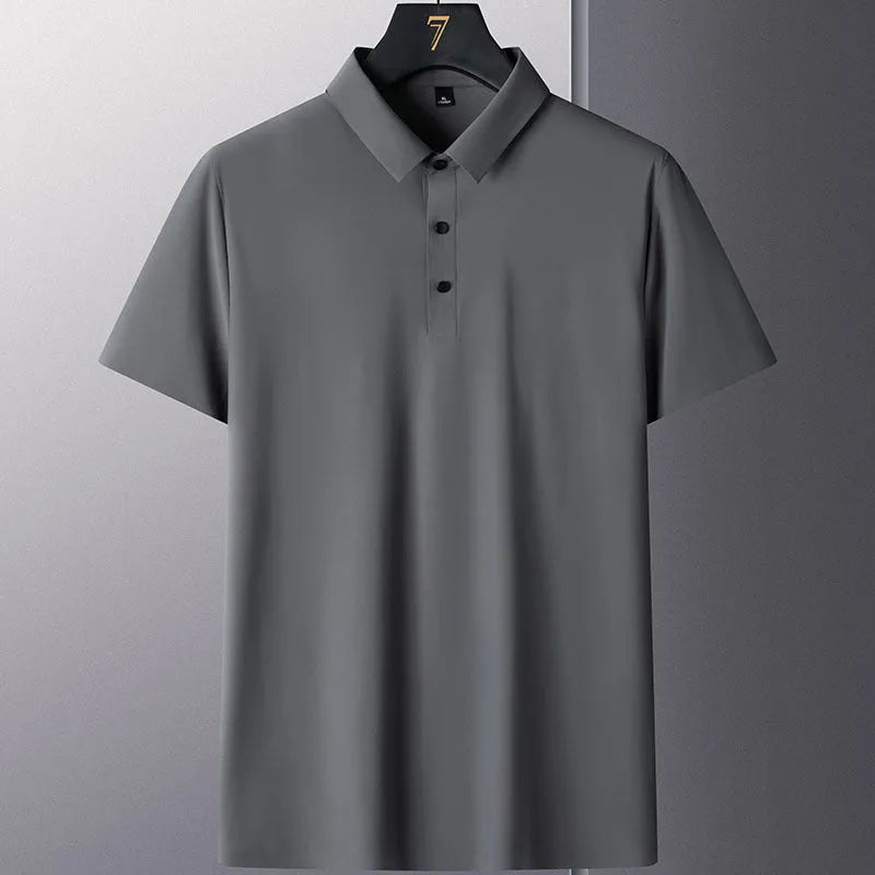 Men's non-ironing solid colour short sleeve business casual shirt on a hanger.
