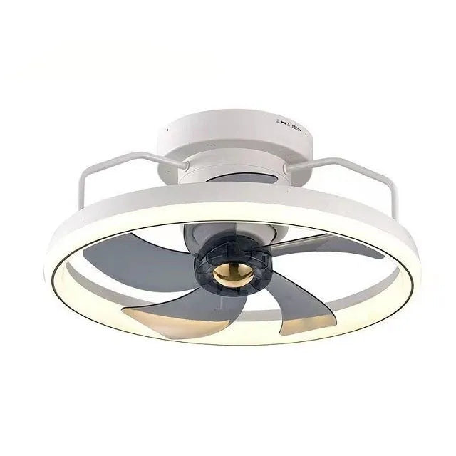 Modern white ceiling fan light with acrylic lampshade and five polycarbonate blades.