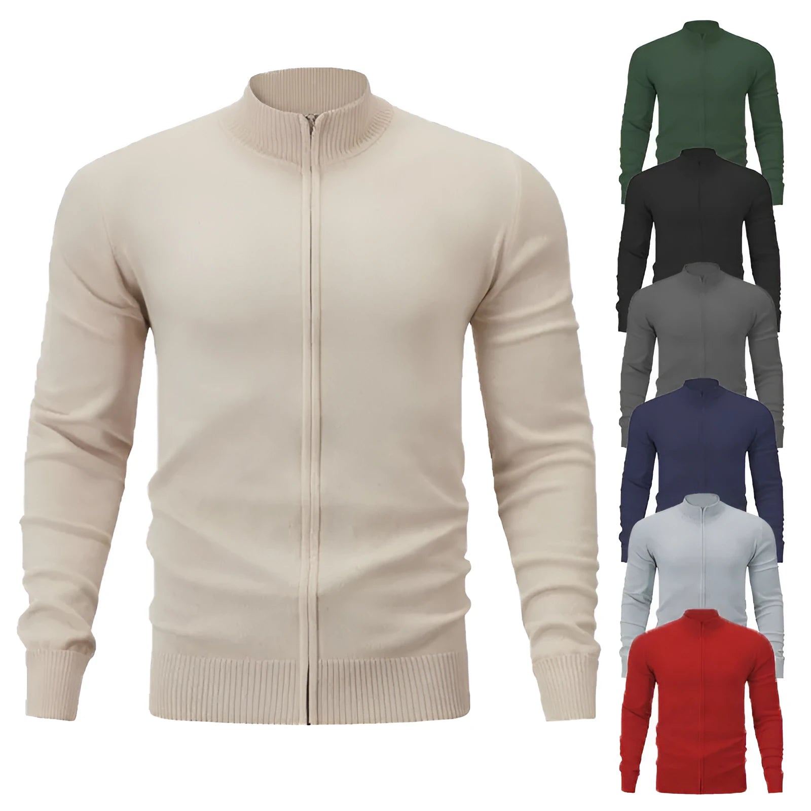 Man wearing a dark grey zip-front stand collar casual cotton cardigan