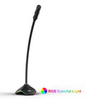 Black wired condenser microphone with integrated desktop stand and foam windscreen pop filter.