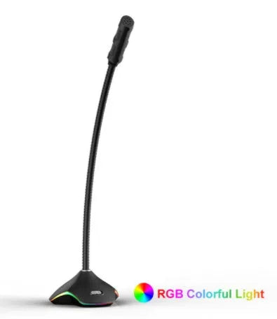 Black wired condenser microphone with integrated desktop stand and foam windscreen pop filter.