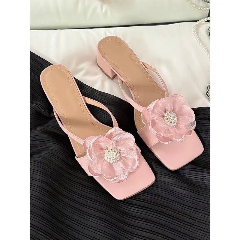 Women's cream-white satin sandals with a chunky heel, square toe, and one-line strap.
