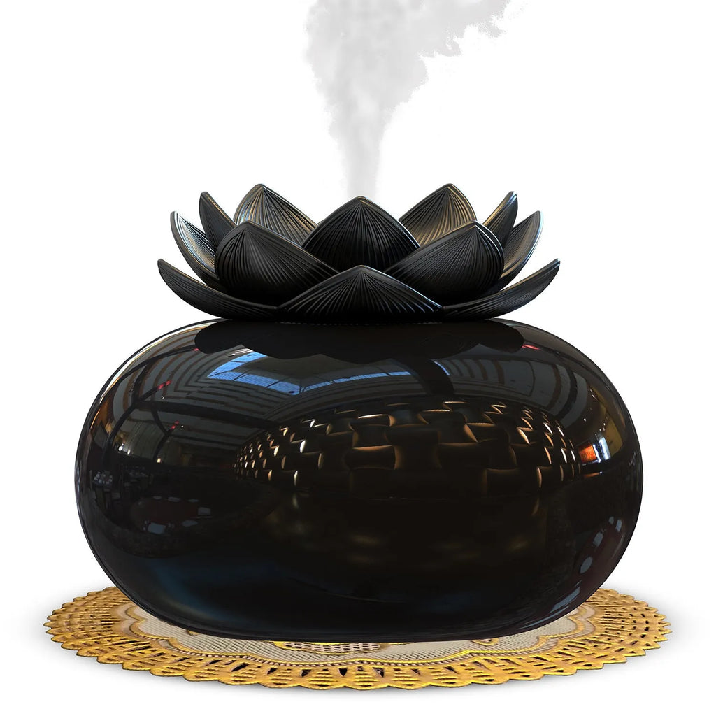 Pure black lotus-shaped ultrasonic humidifier with USB cable and ceramic construction