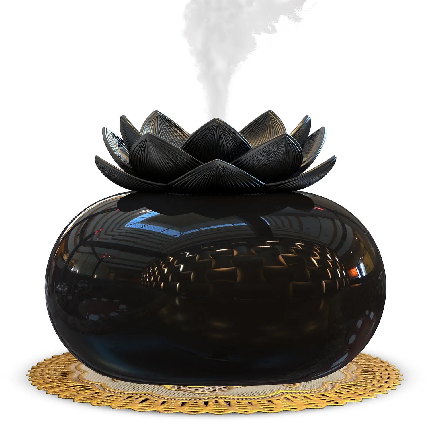 Pure black lotus-shaped ultrasonic humidifier with USB cable and ceramic construction