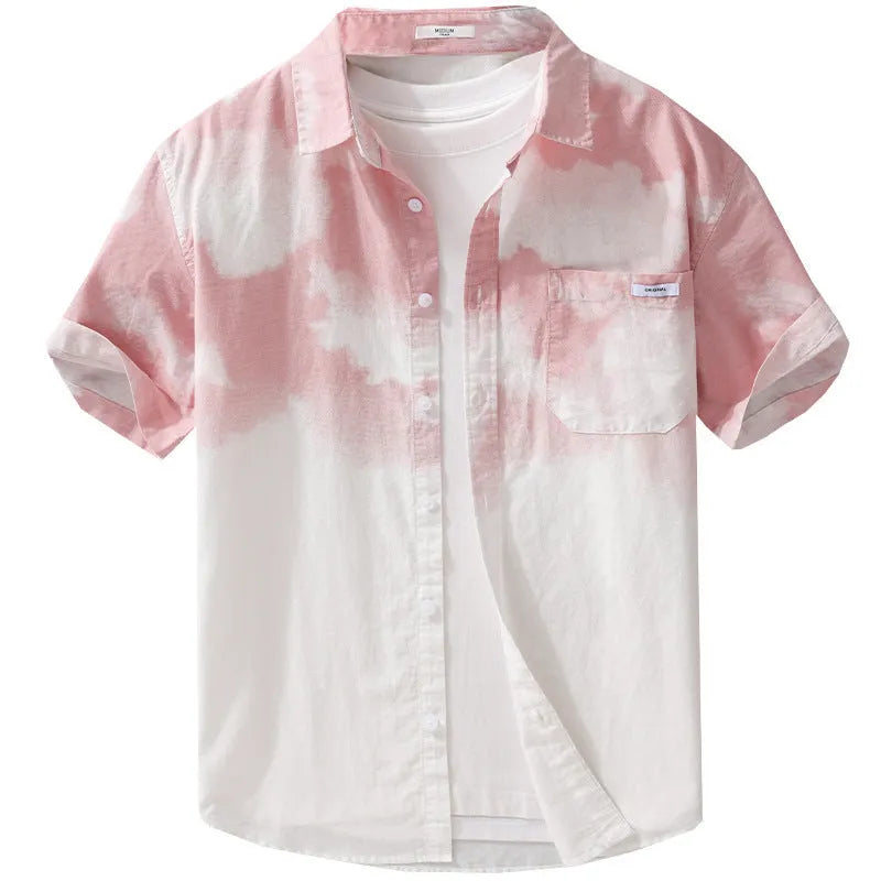 Men's light pink pure cotton short-sleeve shirt with loose cardigan fit on hanger