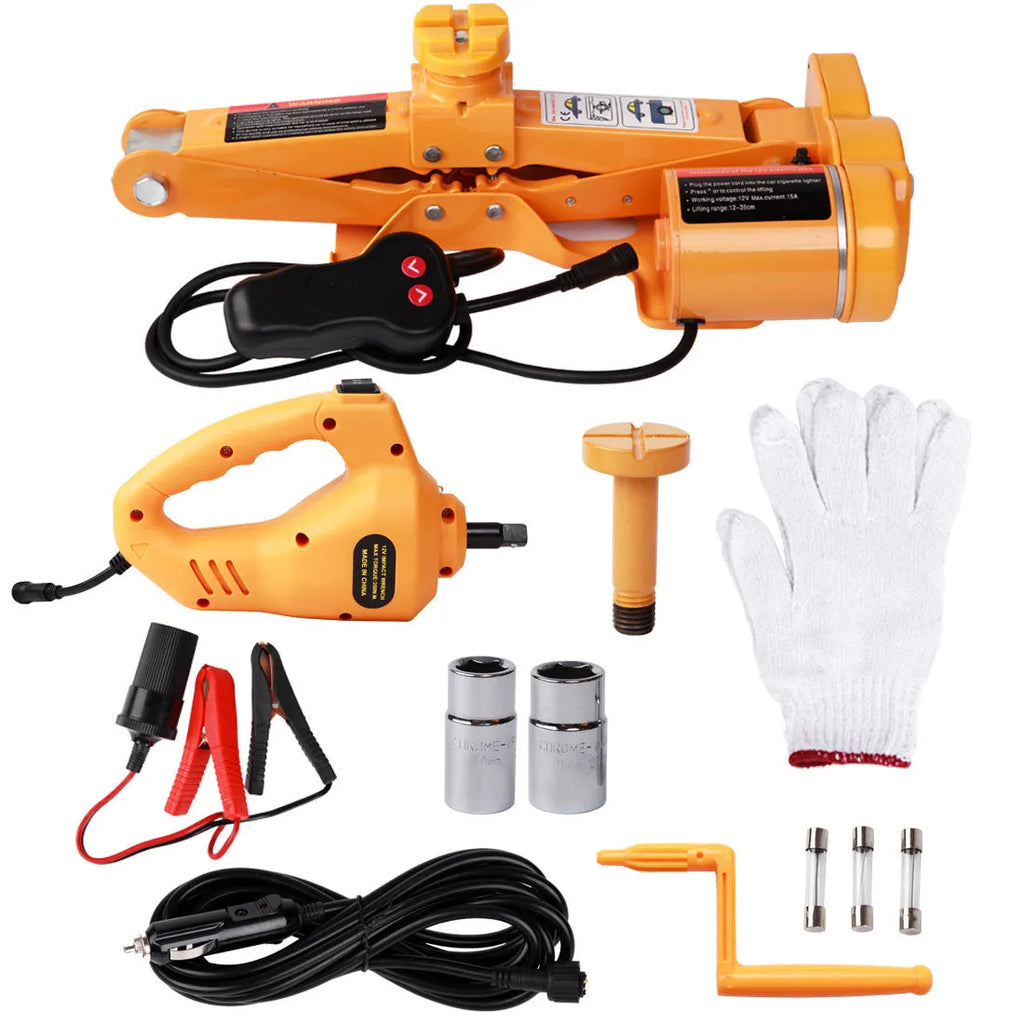 Yellow steel electric car jack set with hydraulic mechanism and electric wrench for vehicle lifting