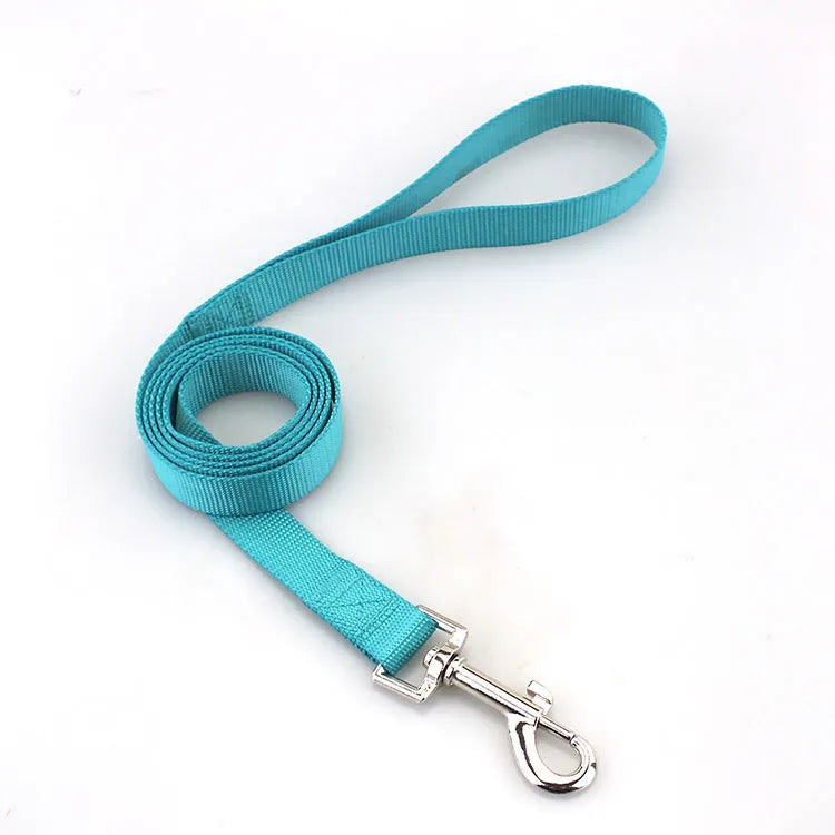 Solid colour nylon dog lead rope in blue, shown with a 120cm length and a hand holding it.