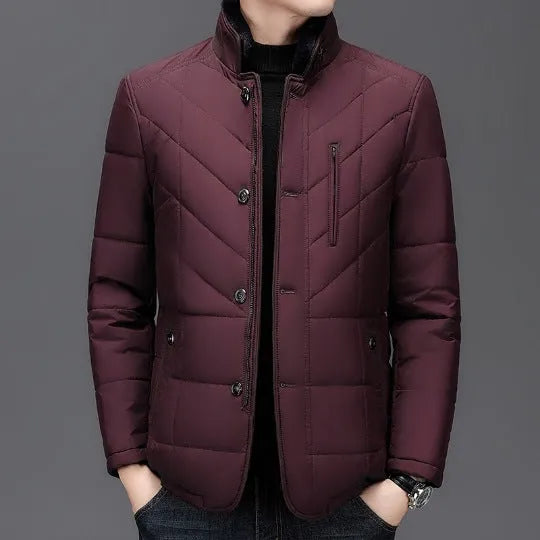 Men's dark blue winter short coat with side pockets and cotton padding.