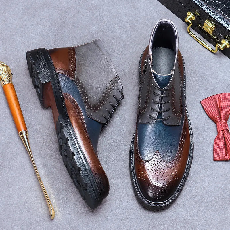 Men's curry blue leather brogue ankle boots with round toe and front lacing on a white background.