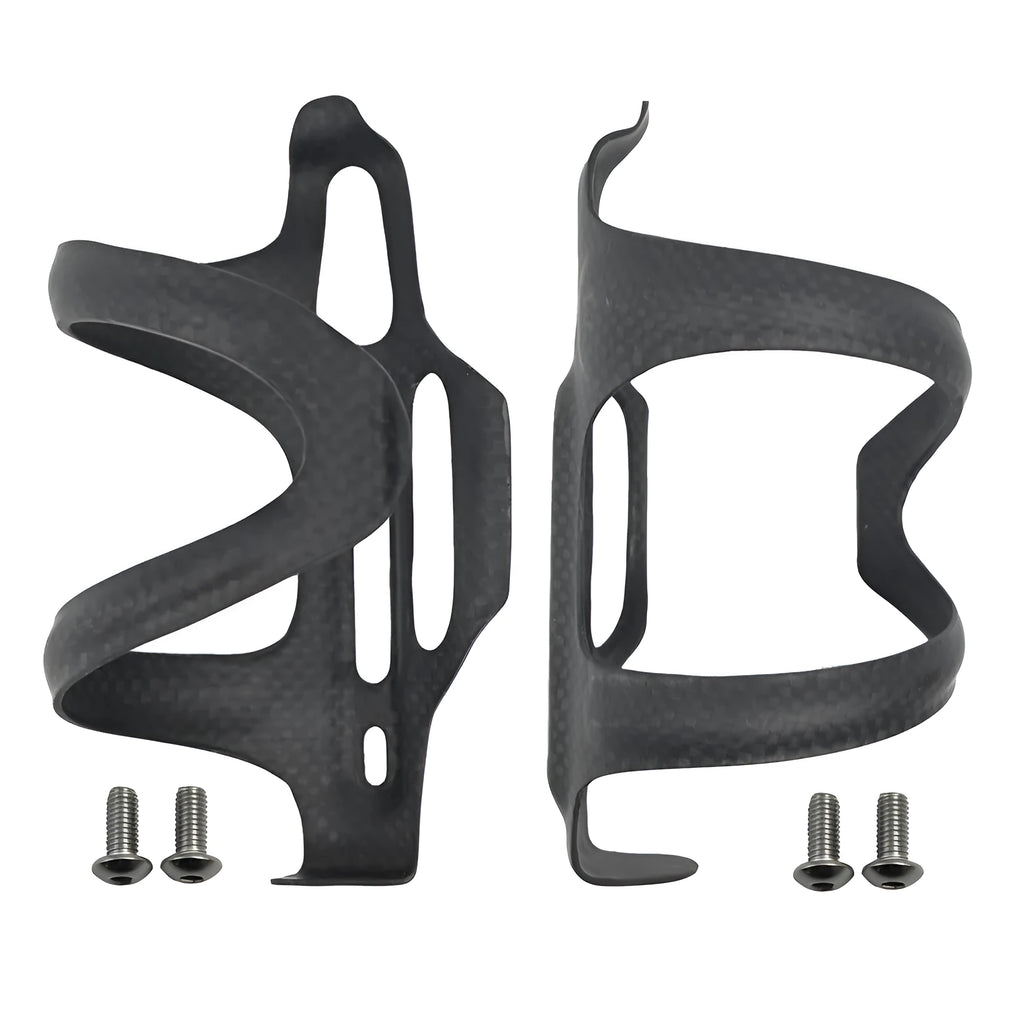 Black carbon fibre bicycle water bottle mount showing side-pull design and screw holes