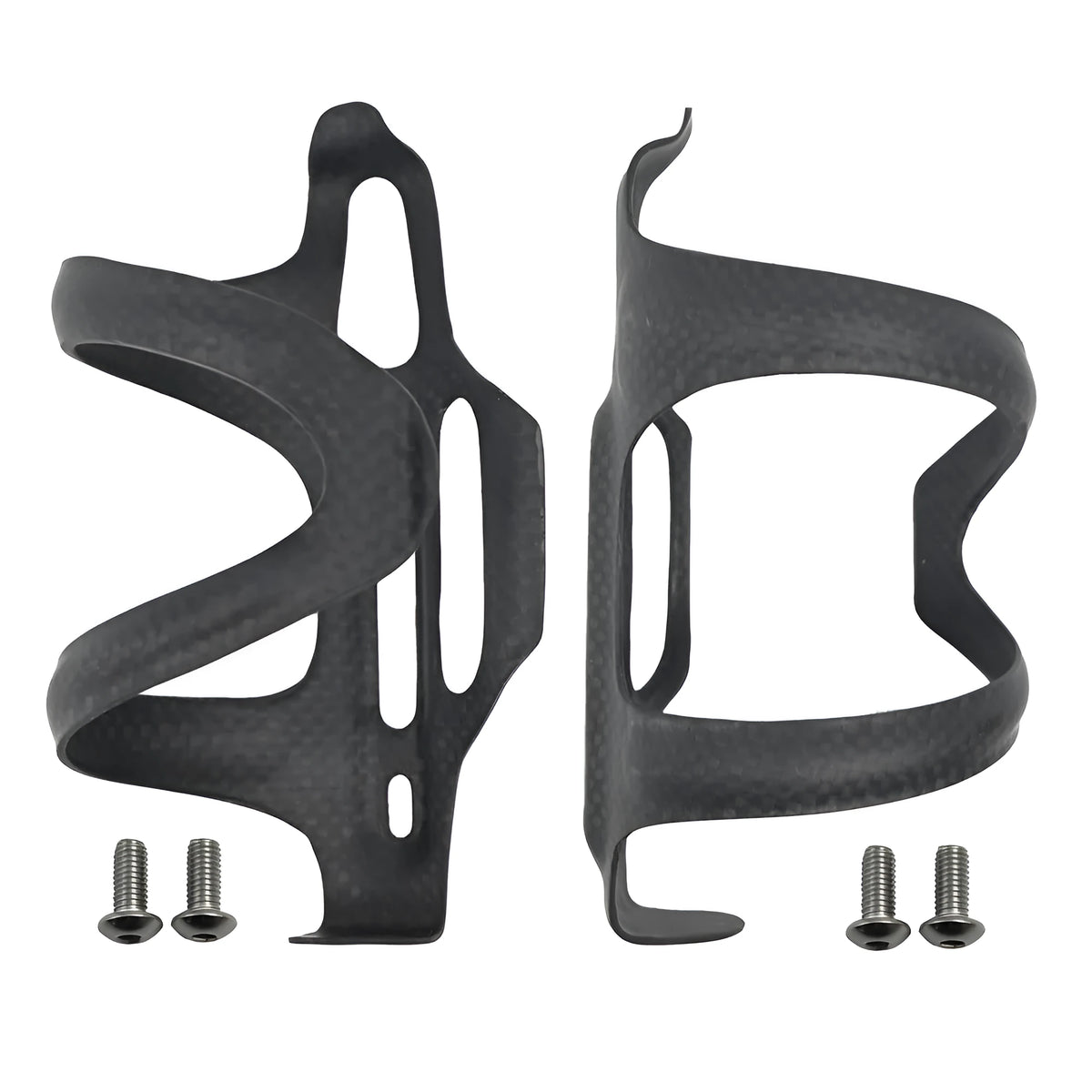 Black carbon fibre bicycle water bottle mount showing side-pull design and screw holes