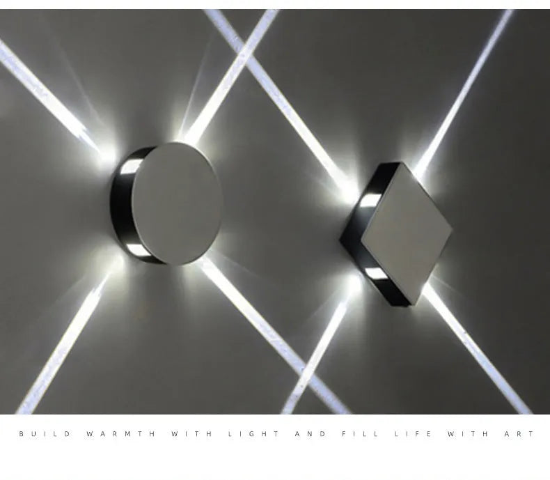 Modern square or round LED aluminium wall light with iron shade showing warm white illumination