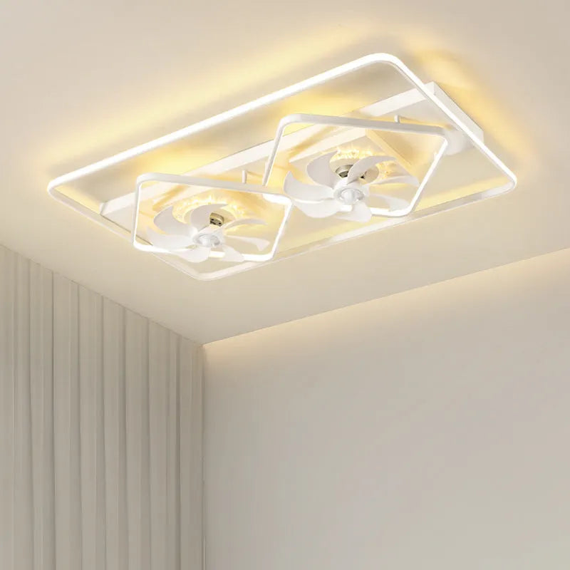 Modern ceiling fan light with thin plastic blades and a white acrylic lampshade, measuring 1100 mm by 700 mm.