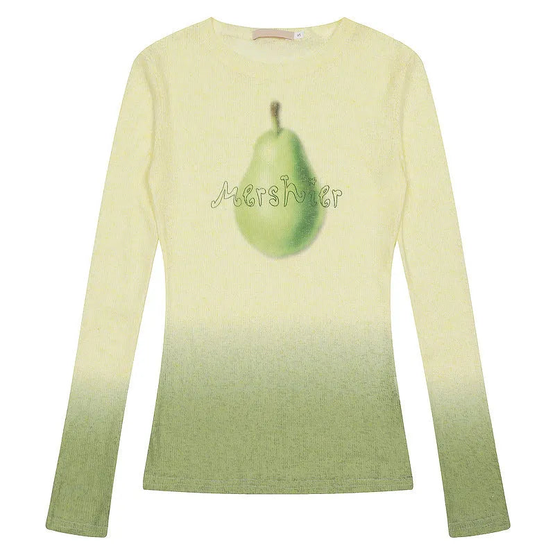 Yellow green women's long sleeve T-shirt with a gradient floral pattern, made from thin polyester fabric.