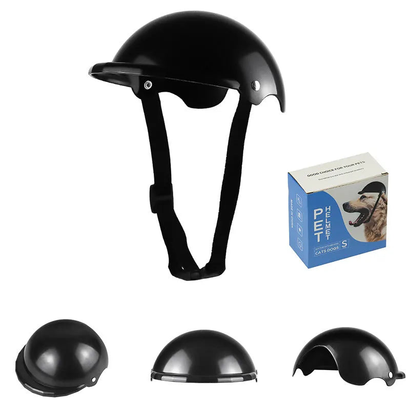 Small size S plastic pet helmet for dogs or cats shown in pink, black, yellow, and green colour options.