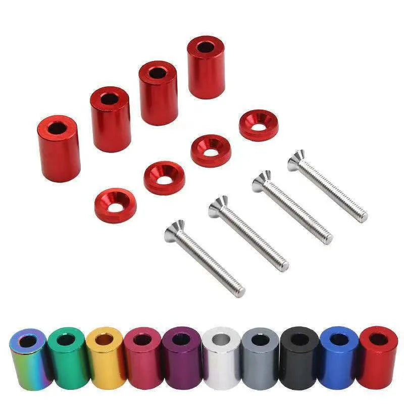 Aluminium car engine cover pad height spacer kit with screws, nuts, washers in red, blue, black colours