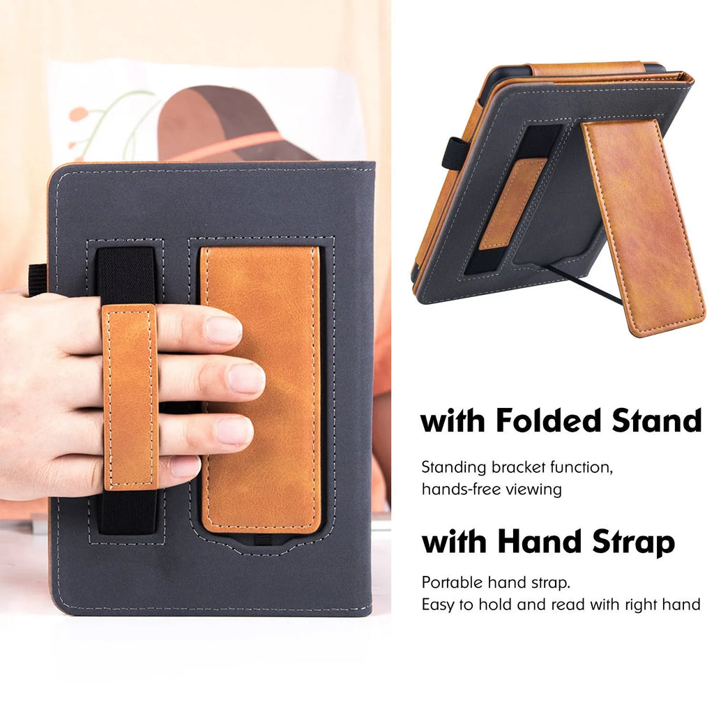 Kindle Paperwhite leather case with wrist splint bracket attached, showing calf leather exterior and microfiber interior