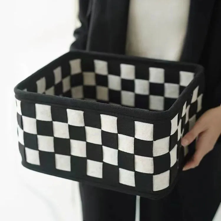 Checkerboard pattern felt folding storage basket showing 37x29x19.5cm dimensions