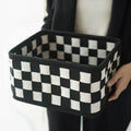 Checkerboard pattern felt folding storage basket showing 37x29x19.5cm dimensions