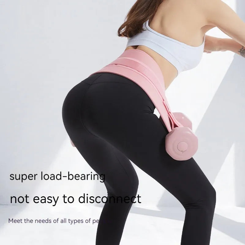 Black fitness training belt with dumbbell strap for hip bridge exercises