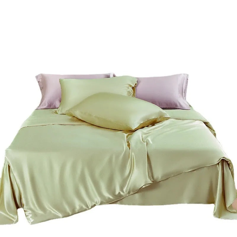 Double-sided solid colour silk duvet cover in Lotus Pink, pea green, bright brown, mysterious purple, white or silver blue.