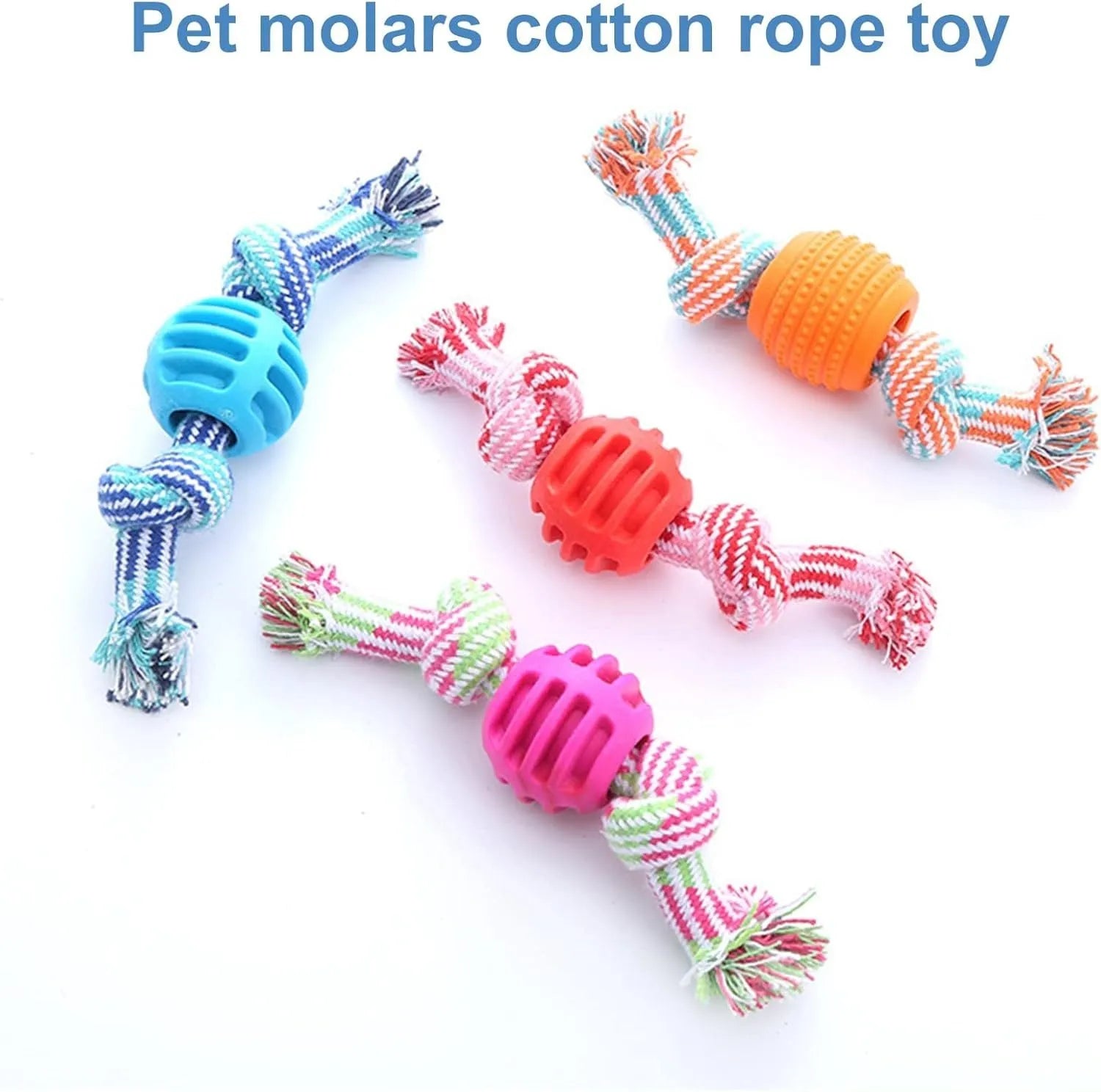 Blue dog chew toy with rope centrepiece for dental cleaning, approximately 9.5 cm diameter