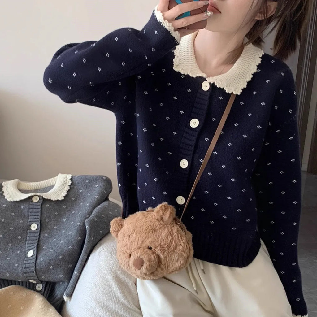 Retro Peter Pan collar knitted cardigan coat with floral pattern in free size