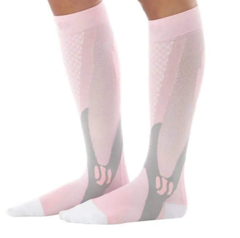 A pair of graduated compression socks for men and women in an athletic style, shown in a colour option like black or blue.