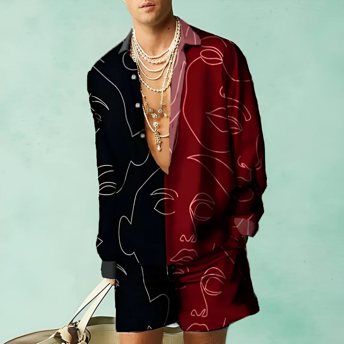 Men's casual summer loose shirt shorts set in slim fit with long sleeves on hanger