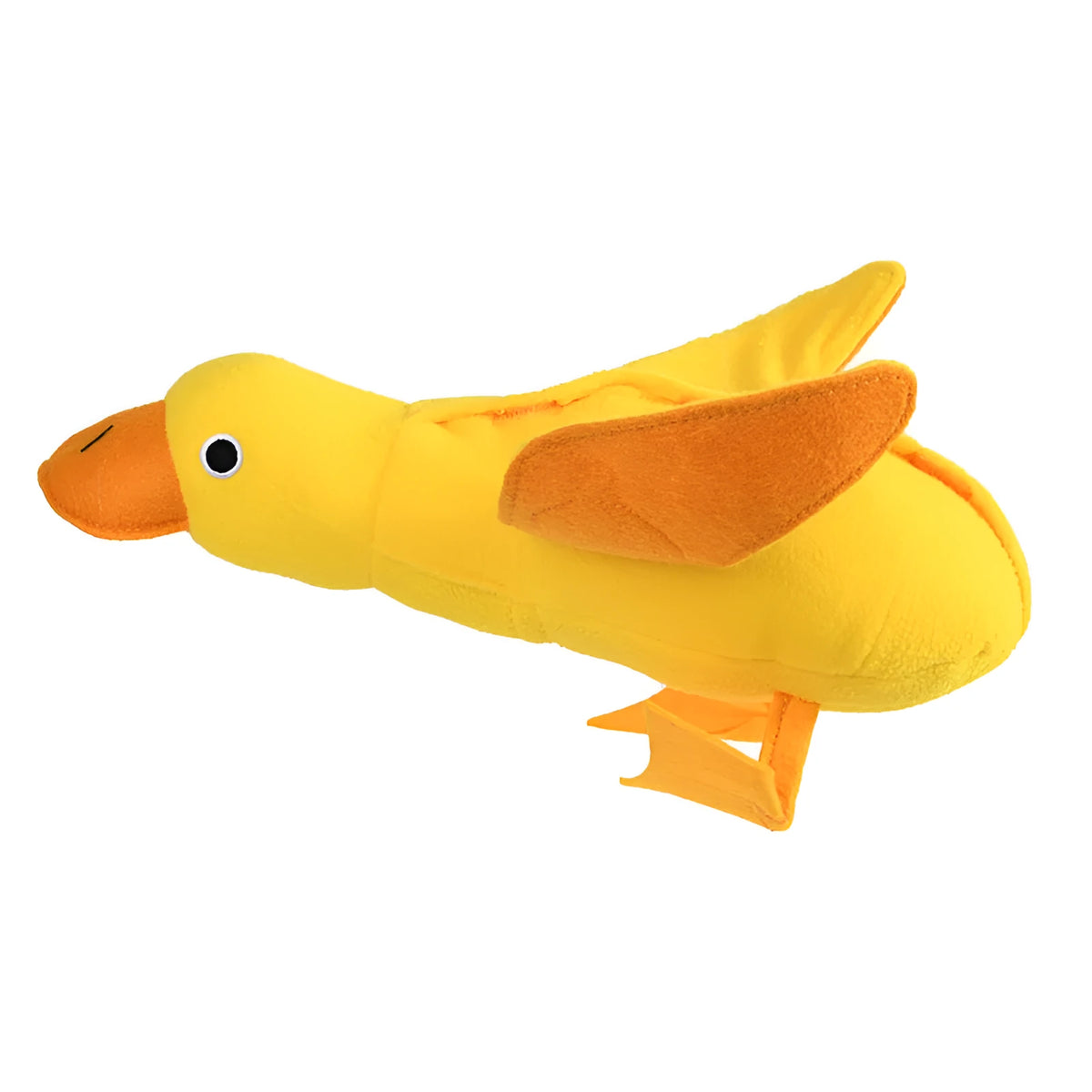 Yellow plush teddy dog toy with attached duck doll and food leak compartments for pet training