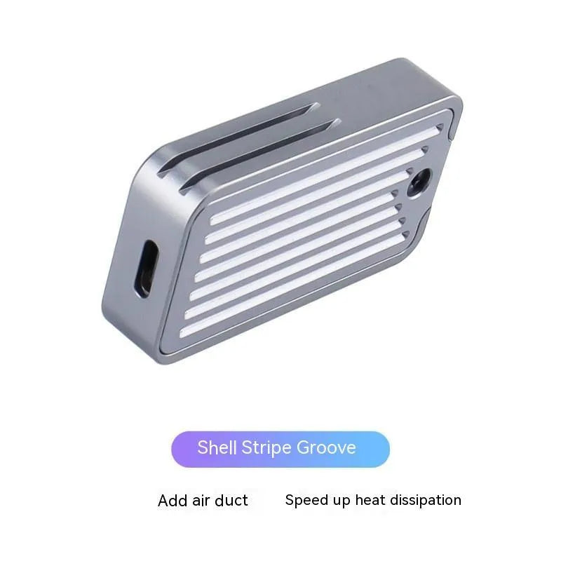 Aluminium alloy external SSD enclosure with CNC-machined shell showing dual protocol support and compact dimensions