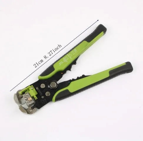 Yellow automatic wire stripper crimper cutter multitool with adjustment screw and alloy steel jaws