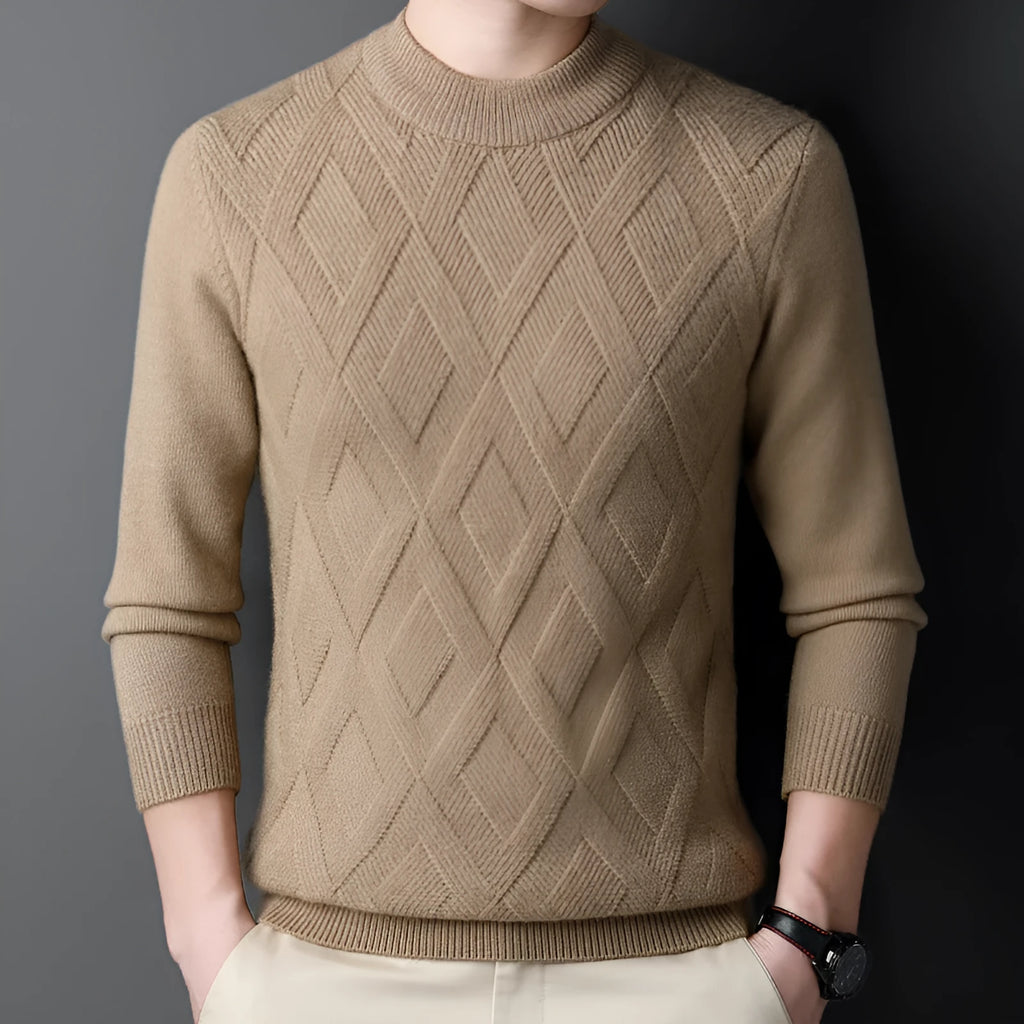 Men's thicken thermal wool blend pullover sweater with diamond jacquard pattern in light camel colour.