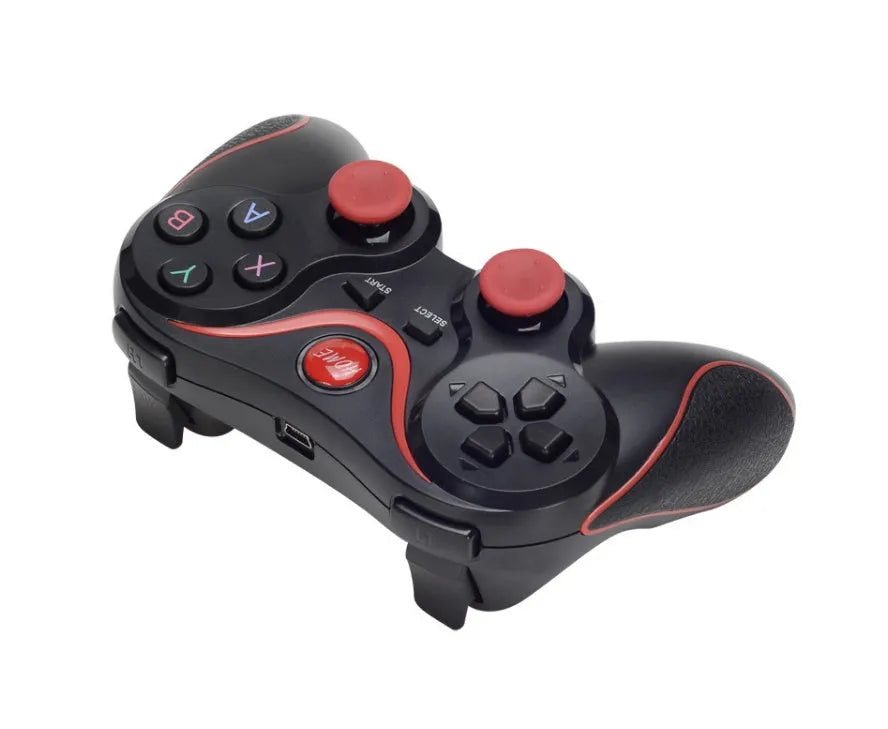Black X3 Bluetooth wireless game controller for Android phones with optional mobile phone clip attached