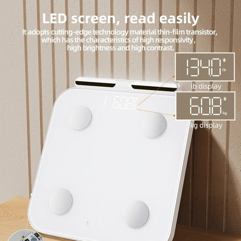 White professional body fat scale with 8 electrodes and tempered glass platform measuring 30x30cm