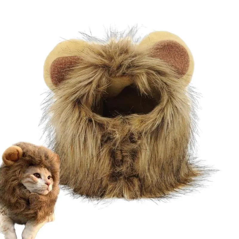 Lion mane wig for cat on head, showing plush artificial hair and adjustable elastic band.