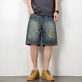 Blue men's denim shorts with a retro loose hole distressed design and a straight-leg cut