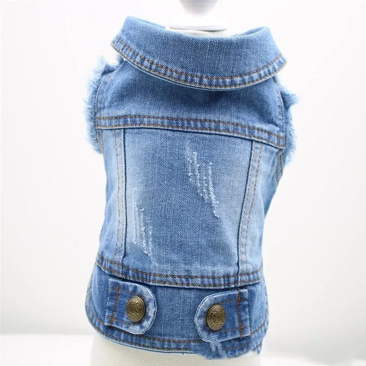 Denim dog vest with retro scratch pattern for small breeds in dark and light colour options