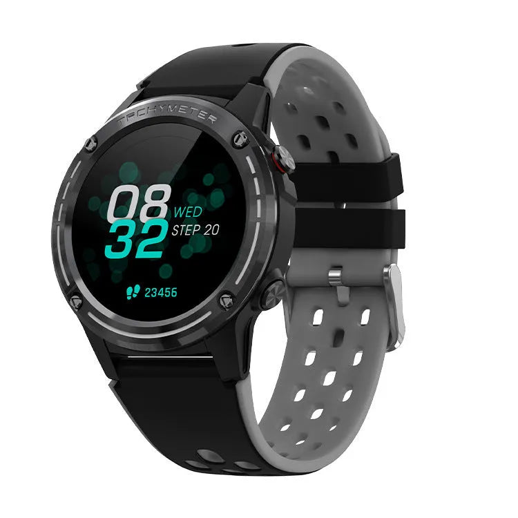 GPS smartwatch with silicone strap and glass screen on wrist in blue colour.